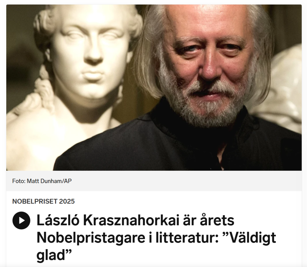 拉斯洛获得诺贝尔文学奖后接受媒体采访:开心、平静又紧张